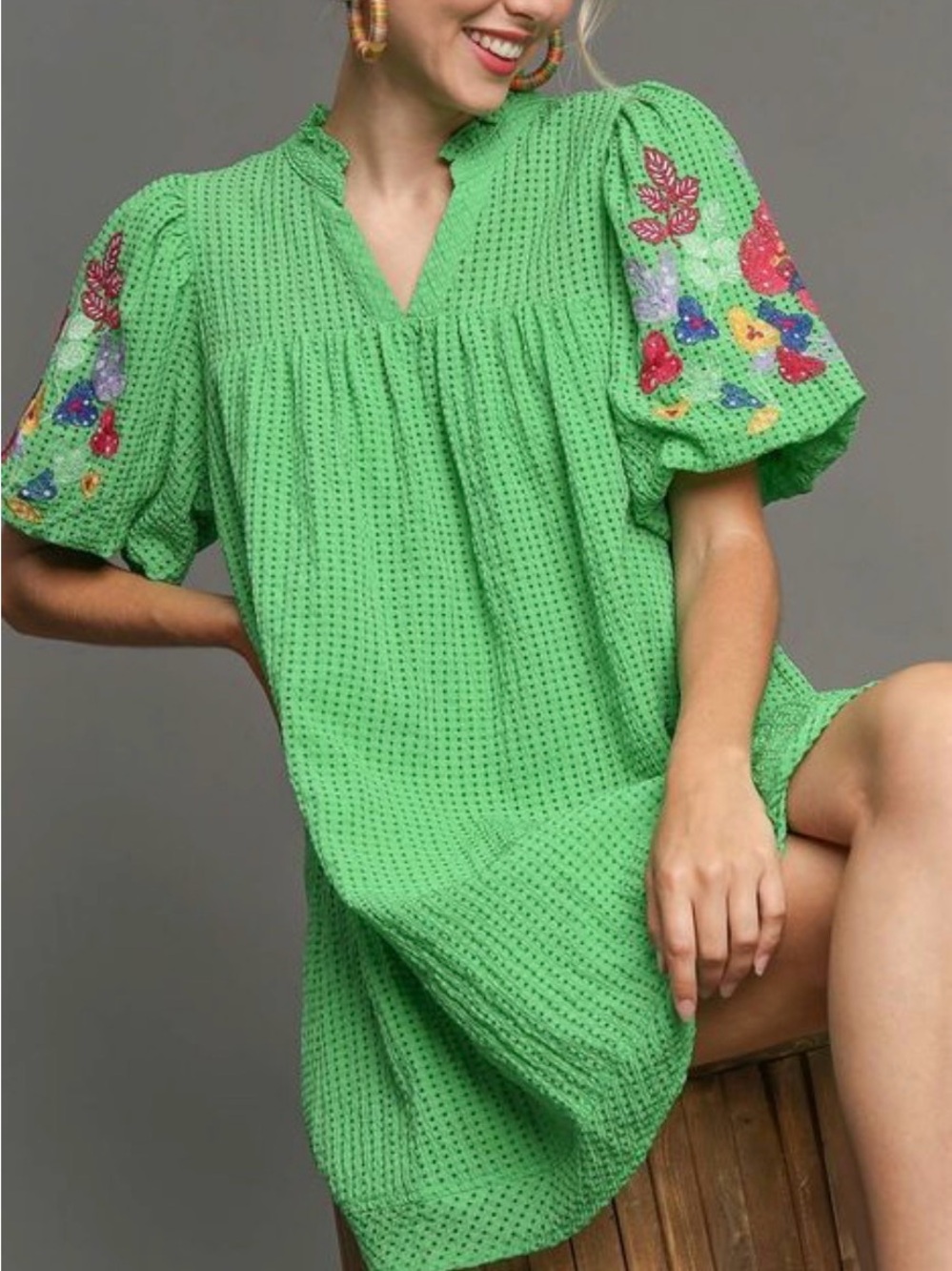 UMGEE Dress Large L Green Seersucker Embroidered Puff Sleeve Boho Babydoll Mini